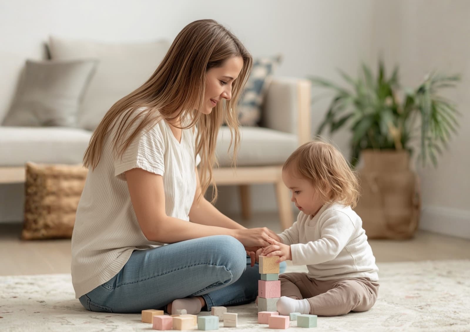 Mama bawiąca się z dzieckiem kolorowymi klockami na dywanie